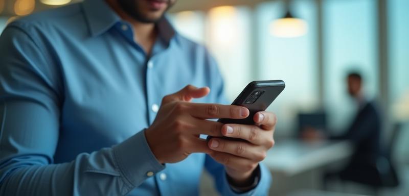عميل يشحن رصيد هاتفه من خلال تطبيق المدار في مكتب عصري بدبي